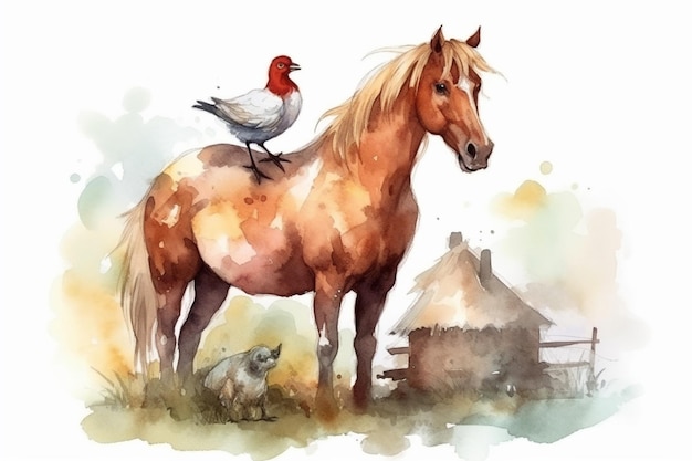 A watercolor painting of a horse and a bird