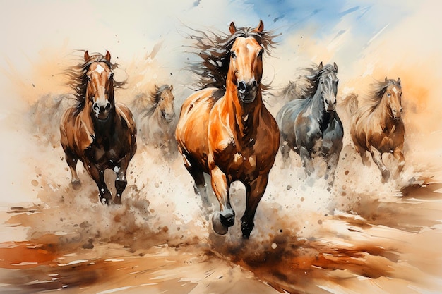 Watercolor painting of horse running on the fieldgenerative ai