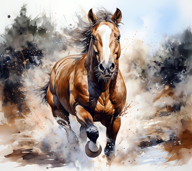 A watercolor painting of a horse thats running