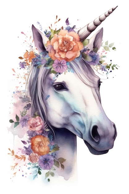 A watercolor painting of a horse with a floral crown.