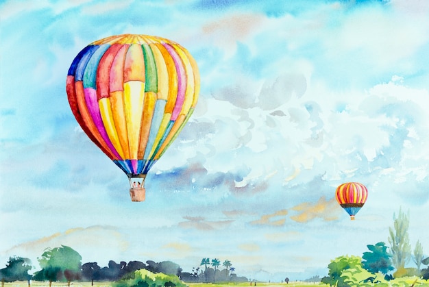 Watercolor painting of hot air balloons in the sky