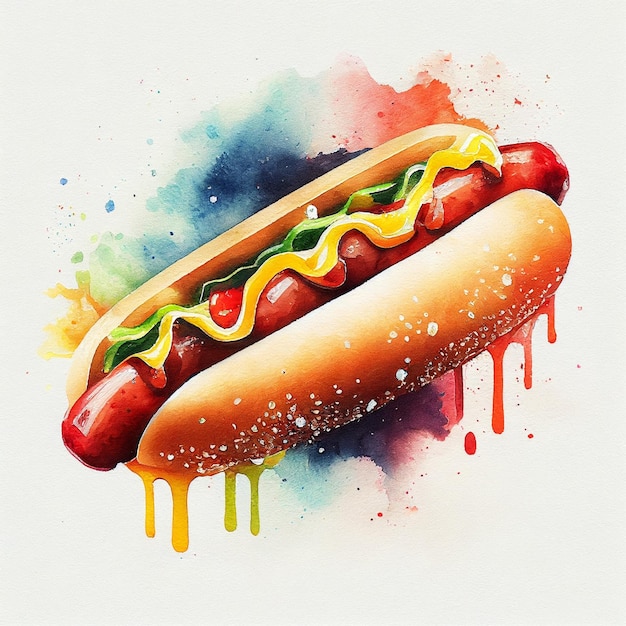 A watercolor painting of a hot dog with mustard and ketchup on it