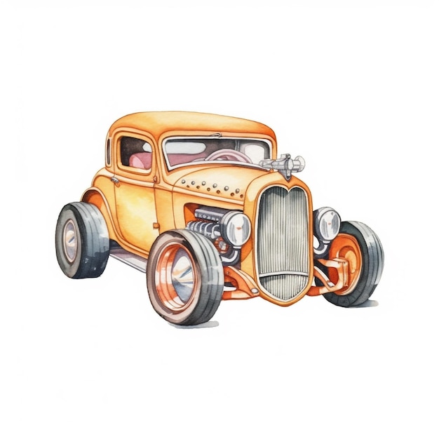A watercolor painting of a hot rod with a black car in the background.