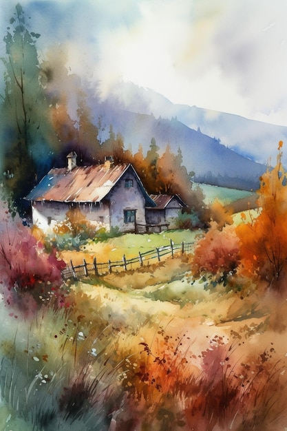 Watercolor painting of a house in the mountains