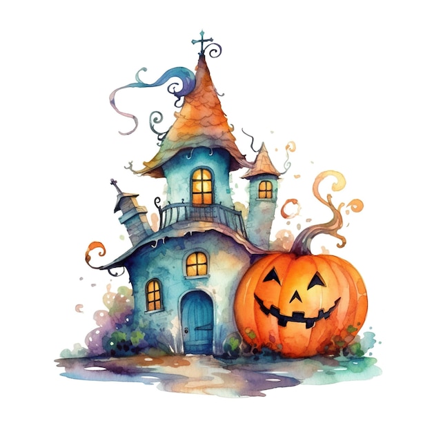 Акварельный рисунок дома и генеративное изображение тыквы ai