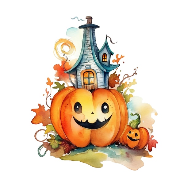 A watercolor painting of a house and pumpkins generative ai image