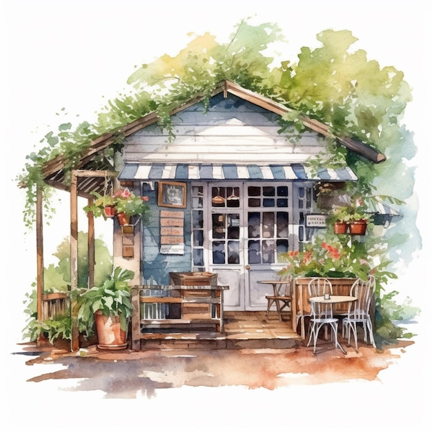 A watercolor painting of a house with a blue awning.