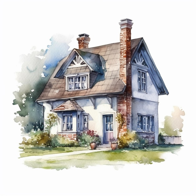 A watercolor painting of a house with a chimney.