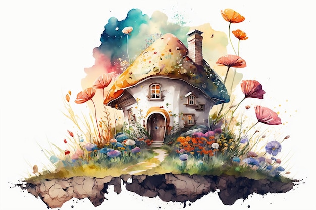 A watercolor painting of a house with a mushroom roof.