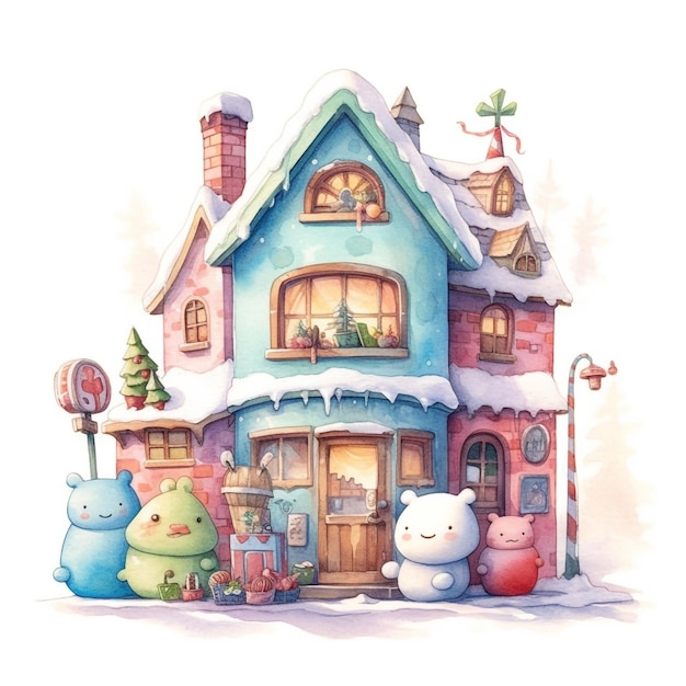 A watercolor painting of a house with a pig and a christmas tree.