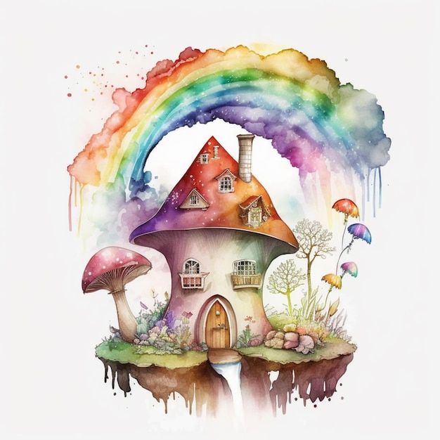 A watercolor painting of a house with a rainbow on it.