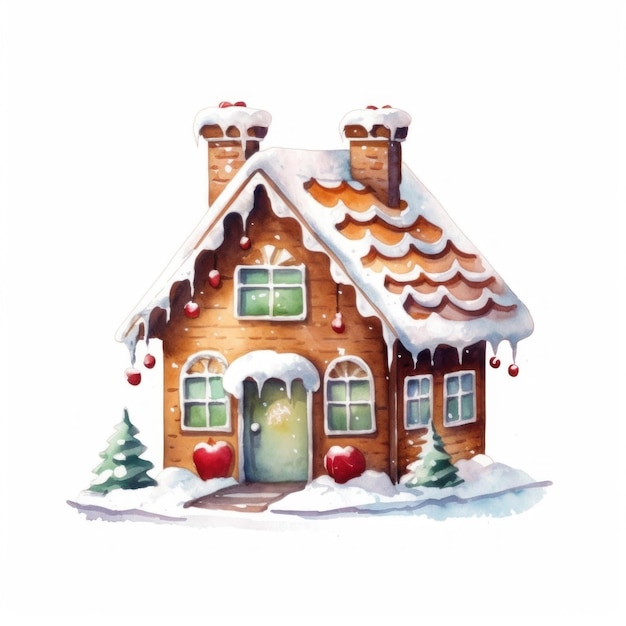 a watercolor painting of a house with a snow covered roof.