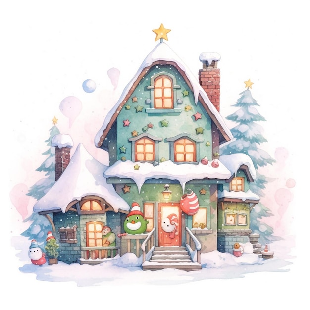 A watercolor painting of a house with a snowman on the roof.