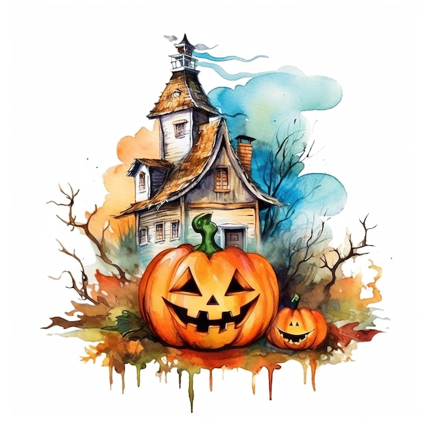 A watercolor painting of a house with two pumpkins generative ai image