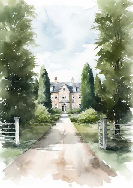 A watercolor painting of a house in the woods