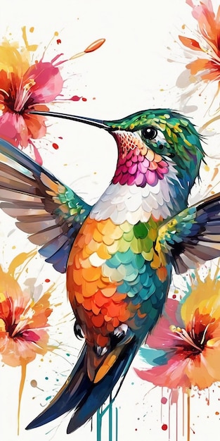 Акварельная картина колибри на цветочном фоне. Иллюстрация, нарисованная рукой