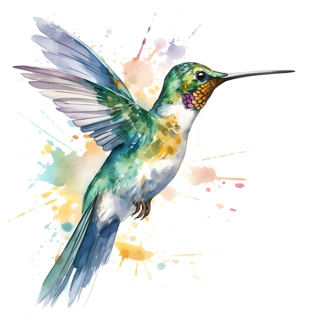 A watercolor painting of a hummingbird with a long beak.