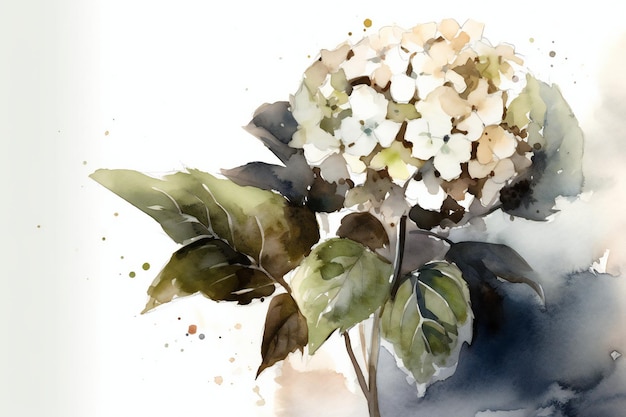 A watercolor painting of a hydrangea in a blue vase.