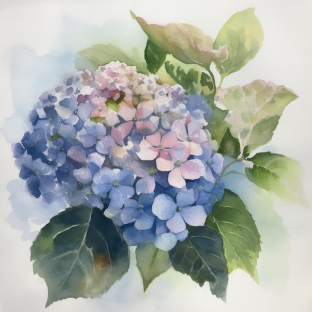 A watercolor painting of a hydrangea with green leaves.