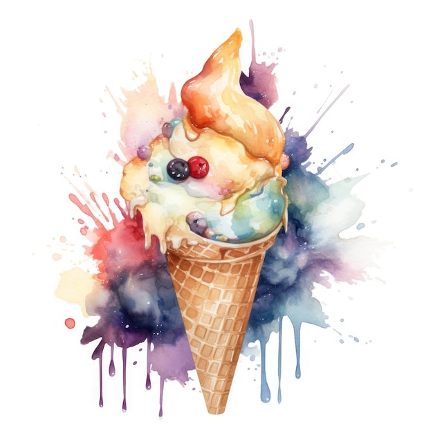 A watercolor painting of a ice cream cone with blueberries and cherries.