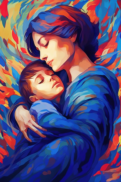 Watercolor Painting Illustrating the Endearing Love between a Mother and Her Son