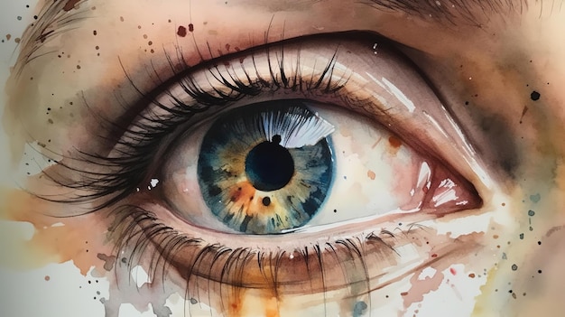 watercolor painting illustration of blue human eye closeup