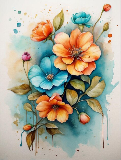 watercolor painting illustration of colorful flowers