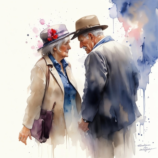 Foto illustrazione della pittura ad acquerello di una coppia di anziani ai generato