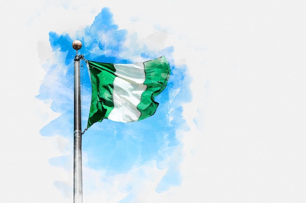 Watercolor painting illustration of flag of nigeria on a background blue sky