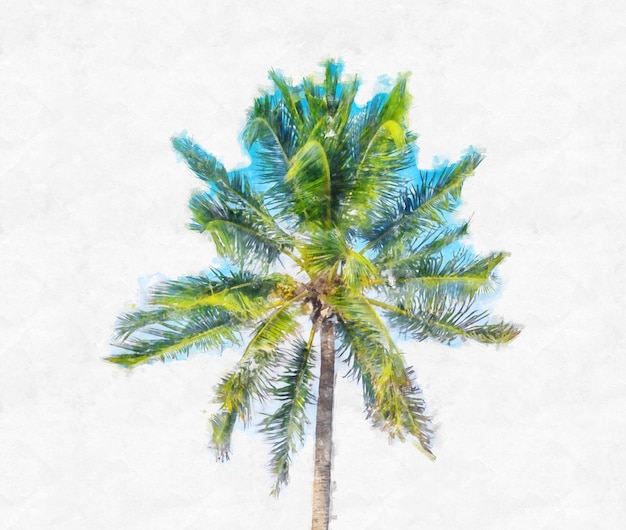 Watercolor painting illustration of palm tree on white background