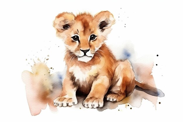 watercolor painting illustration of small cute lion cub isolated on a white background generative AI