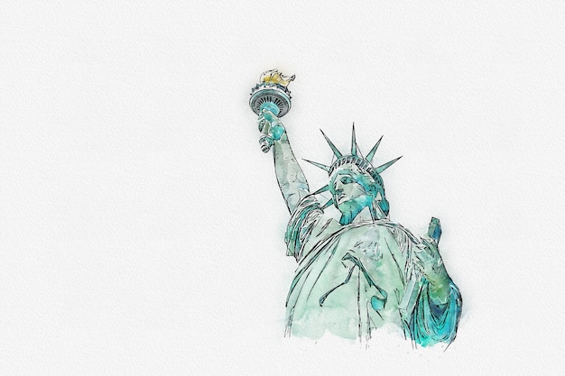 Photo watercolor painting illustration of statue of liberty on white