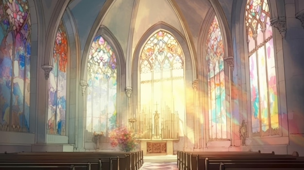 Watercolor painting of the interior of a church with beautiful stained glass windows