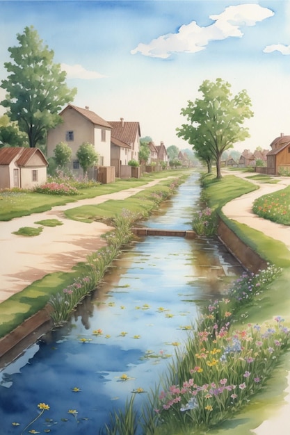 Watercolor painting of an irrigation canal with small houses