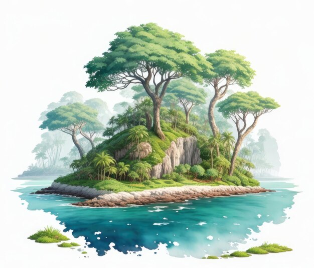 Watercolor painting of an island forest in the ocean