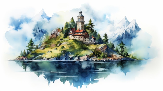 Photo watercolor painting of isolated island castle in elmore bay