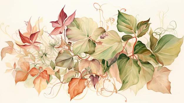 Акварельная картина листьев и цветов плюща.