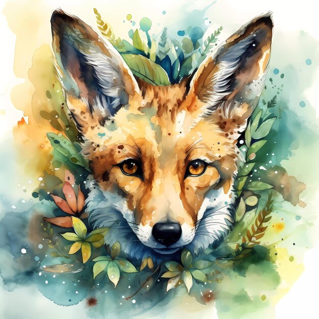 A watercolor painting of a jackal surrounded by leaves