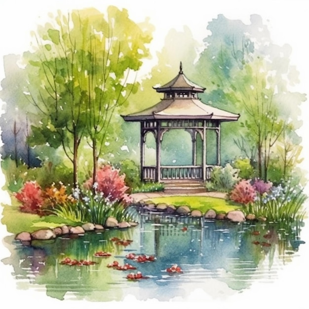 A watercolor painting of a japanese garden with a pond and a pagoda.