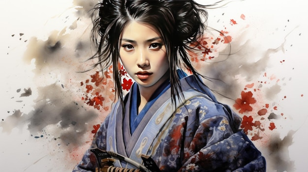 Watercolor painting of a Japanese samurai girl warrior
