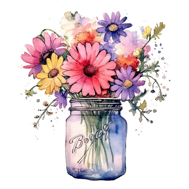 A watercolor painting of a jar of flowers with the word " boug " on it.