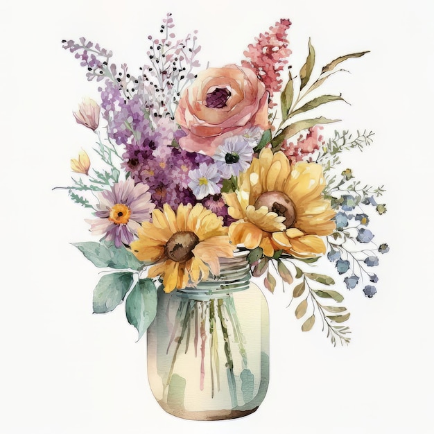 A watercolor painting of a jar of flowers
