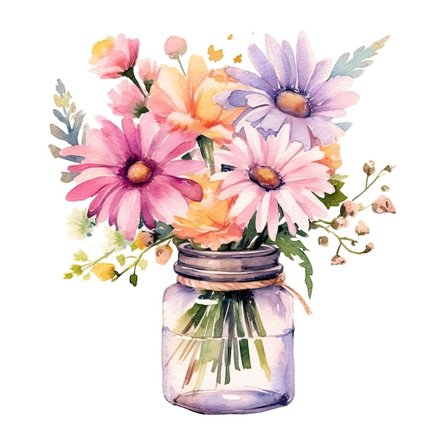 A watercolor painting of a jar of flowers.