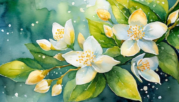 야스민 꽃의 수채화 식물학적 손으로 그린 예술 아름다운 꽃 구성