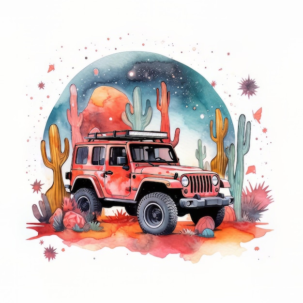 A watercolor painting of a jeep in the desert