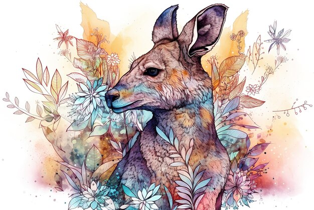 Watercolor painting of a kangaroo with colorful tropical flowers Wildlife Animals Illustration generative AI