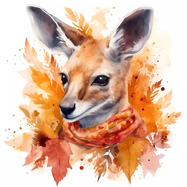 A watercolor painting of a kangaroo with leaves on it