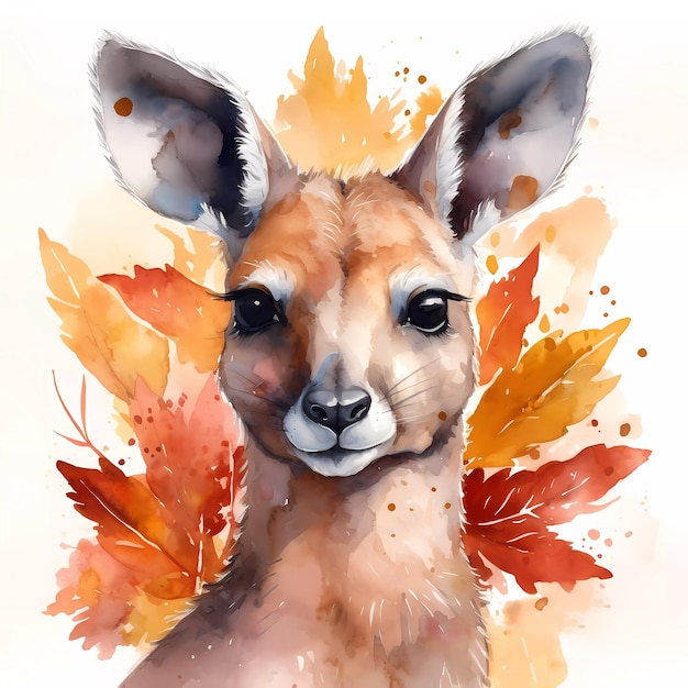 A watercolor painting of a kangaroo with leaves on it