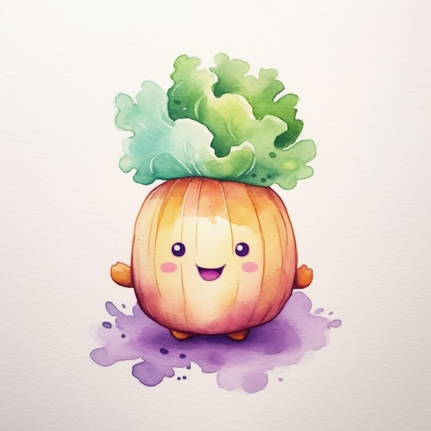 A watercolor painting of a kawaii vegetable with a face.