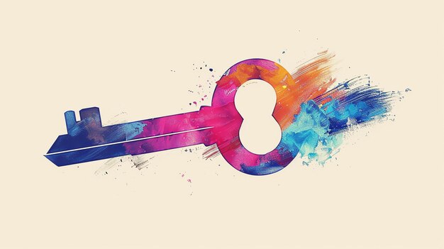 Photo a watercolor painting of a key the key is mostly blue and pink the background is white the painting has a light and airy feel to it